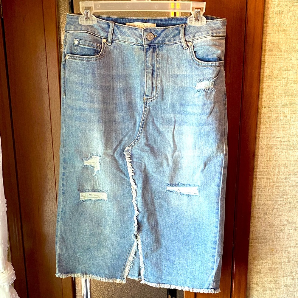 Distressed Denim Midi Skirt